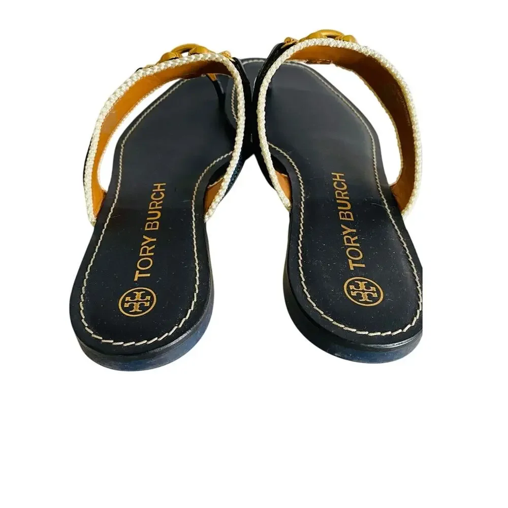 Tory Burch Jessa‎ Navy Leather Thong Sandals Dragon Chain Stripe Webbing 9.5